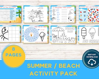 Pacchetto di attività estive per bambini: giochi da spiaggia e da colorare (download digitale)