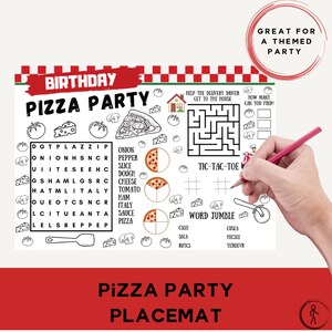 May include: A red and white checkered pizza party placemat with a word search, tic-tac-toe game, word jumble, and a maze. The placemat has the text "Birthday Pizza Party" at the top.