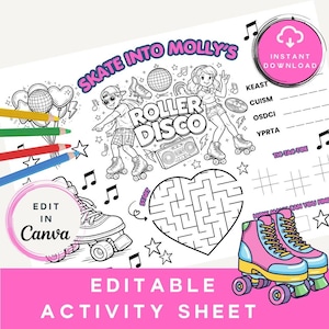 Puede incluir: Hoja de actividades en blanco y negro con el texto "Skate Into Molly's Roller Disco". Incluye un laberinto, tres en raya y juegos de palabras. Presenta patines, notas musicales y las palabras "Edit in Canva".