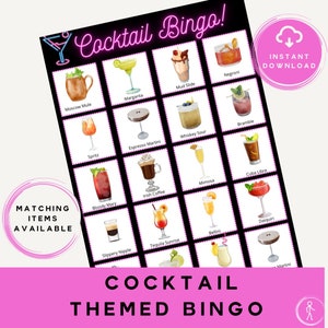 Cocktail Bingo / Gioco a tema cocktail / Serata per ragazze / Bingo retrò / Cocktail di addio al nubilato / Gioco di cocktail