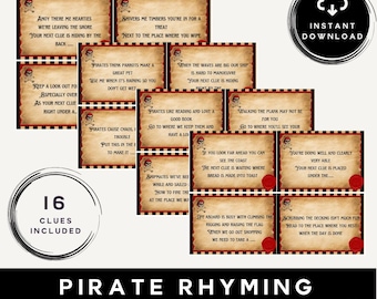 Op de afbeelding: Een set van 16 printbare piraten-thema schatzoektocht aanwijzingen. Elke aanwijzing is geschreven in een rijmformaat en heeft een piraten-thema illustratie. De aanwijzingen zijn gedrukt op een perkament-achtige achtergrond met rode en zwarte accenten. De tekst op de aanwijzingen bevat zinnen zoals "Ahoy there me hearties", "Shivers me timbers", "Keep a look out", "Pirates cause chaos", "Pirates like reading", "Shipmates we've been", "Life aboard is busy", and "Scrubbing the decking".