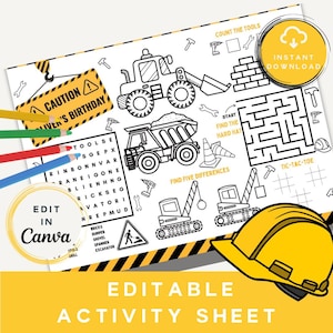 Editable Construction Birthday Colouring Placemat Editable | Kids Party Activity Printable | Personalized Colouring Page Instant Download