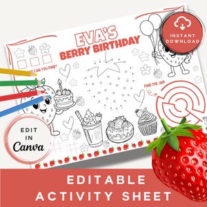 Strawberry Birthday Placemat: Personalized Kids Colouring Activity (Digital Download)