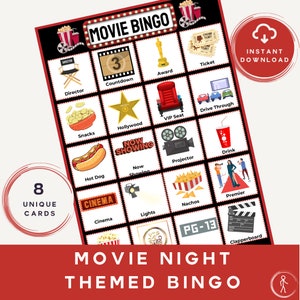 Bingo con temática de películas / Noche familiar / Noche de juegos / Juego de bingo único / Bingo imprimible