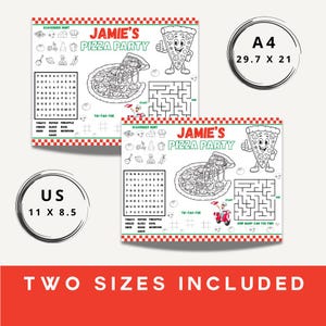 May include: Two pizza-themed activity placemats, one A4 size (29.7 x 21 cm) and one US size (11 x 8.5 inches). Each features a pizza slice character, a maze, and a scavenger hunt. The text "Jamie's Pizza Party" is displayed.