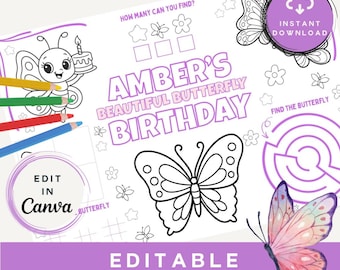 Editable Butterfly Birthday Activity Placemat | Editable Coloring Page (Digital Download)