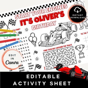 Editable Racing Car Birthday Placemat | Printable Party Activity (Canva Instant Download)