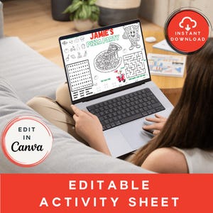 May include: A laptop displaying a black and white "Jamie's Pizza Party" activity sheet. The sheet includes a word search, maze, and coloring pages. The image also features a red "Instant Download" and a "Edit in Canva" graphic.
