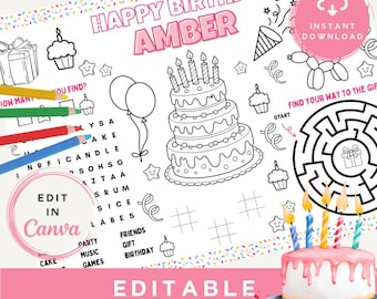 Kids Birthday Activity Placemat | Printable Coloring Page (Canva Download)
