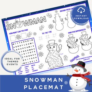 Snowman Activity Placemat: Winter Kids Puzzles (Digital Download)