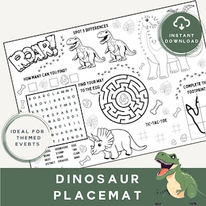 Dinosaur Birthday Activity Placemat: Kids Restaurant Colouring & Puzzle Sheet (Digital Download)