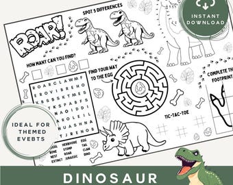 Dinosaur Birthday Activity Placemat: Kids Restaurant Colouring & Puzzle Sheet (Digital Download)