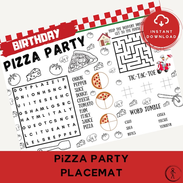Pizza Birthday Party Placemat: Restaurant Kids Coloring & Puzzles (Digital Download)