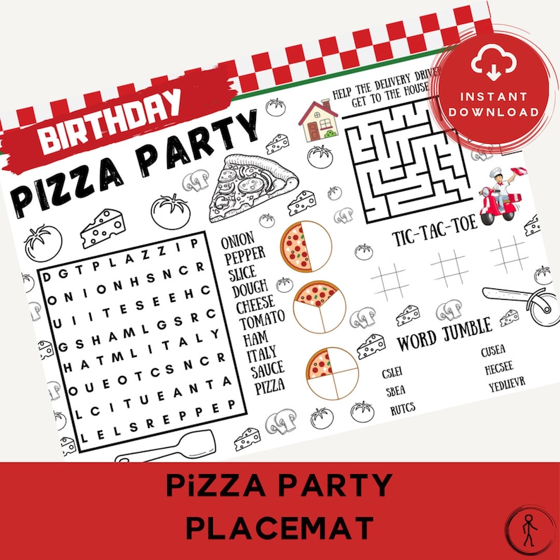 May include: A printable pizza party placemat with a red and white checkered background. The placemat features a word search, a tic-tac-toe game, a word jumble, and a maze. The placemat is designed for children's birthday parties.