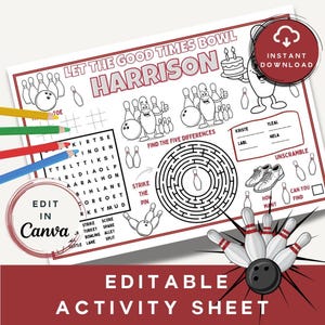 Editable Bowling Birthday Colouring Placemat Editable | Kids Party Activity Printable | Personalized Colouring Page Instant Download