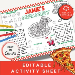 May include: A printable pizza party activity sheet with the text "Jamie's Pizza Party". The sheet includes a maze, tic-tac-toe, a word search, and a scavenger hunt. The sheet is decorated with pizza slices and a chef on a scooter.
