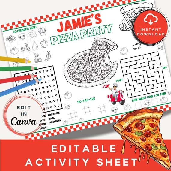 Editable Pizza Birthday Placemat | Personalised Printable Party Activity | Name Colouring Page | Restaurant Colouring