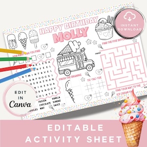 Mantel individual infantil personalizado de helado / Hoja de actividades para colorear con nombre personalizado / Lindo recuerdo de fiesta imprimible / Descarga instantánea