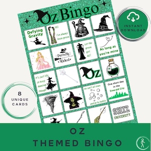 Juego de Bingo Wicked & Oz: Juego musical imprimible para fiestas infantiles, adolescentes y adultos. Pijamada con temática de Broadway. Cumpleaños. Descarga instantánea.