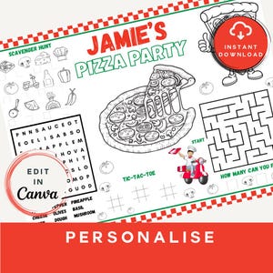 May include: A black and white pizza party activity sheet with the text "Jamie's Pizza Party". Includes a scavenger hunt, word search, tic-tac-toe, and a maze. Features a pizza slice graphic and the words "Instant Download".