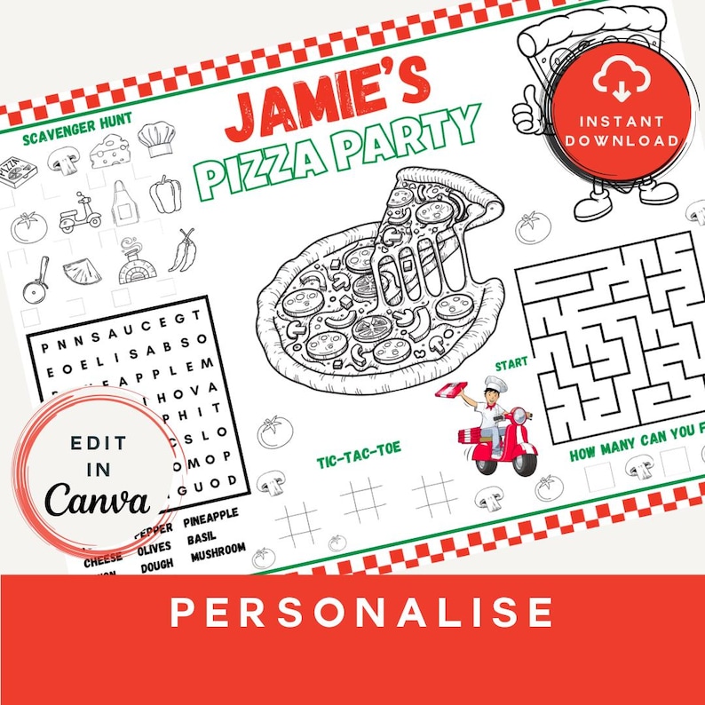 May include: A black and white pizza party activity sheet with the text "Jamie's Pizza Party". Includes a scavenger hunt, word search, tic-tac-toe, and a maze. Features a pizza slice graphic and the words "Instant Download".