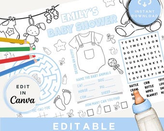 Blue Baby Shower Placemat | Kids Activity Sheet (Canva Download)