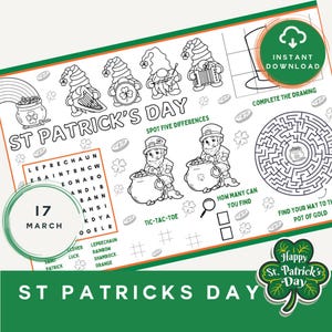 Könnte beinhalten: Schwarz-weiß St. Patrick's Day-Aktivitätsblatt mit Zwergen, Leprechauns und einem Labyrinth. Enthält den Text "St. Patrick's Day", "Spot Five Differences" und "Instant Download". Enthält ein Wortsuchrätsel und Tic-Tac-Toe.