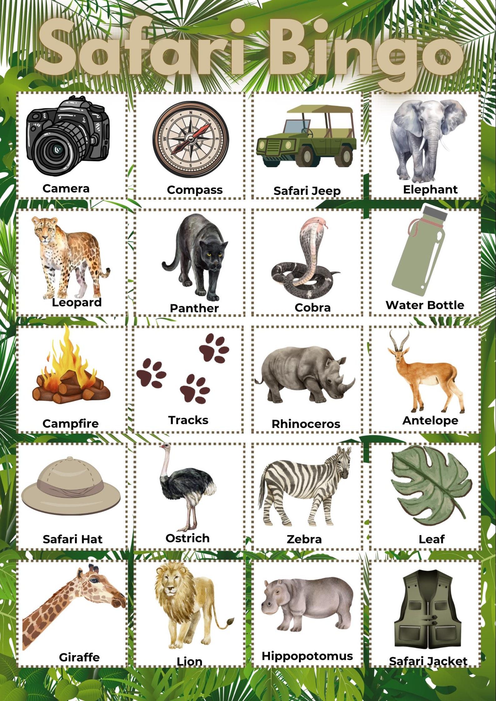 Safari Animal Bingo Game: Printable Jungle Party Activity (instant ...