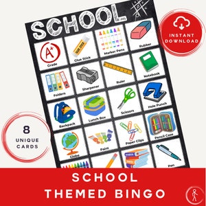 Puede incluir: Una tarjeta de bingo en blanco y negro con la palabra "SCHOOL" en la parte superior. La tarjeta tiene 25 casillas, cada una con una imagen diferente con temática escolar, como una mochila, un estuche de lápices y un globo terráqueo. La tarjeta está diseñada para ser utilizada para un juego de bingo con temática escolar.