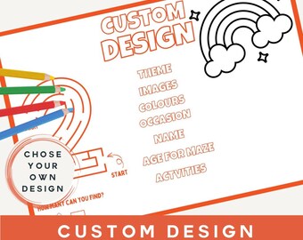 May include: A white custom design activity sheet with orange accents. The sheet features a rainbow graphic, a maze, and the text "CUSTOM DESIGN ACTIVITY SHEET". Colored pencils are shown near the maze.