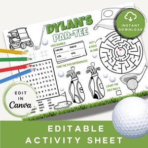 Tovaglietta personalizzata per bambini a tema golf / Foglio da colorare con nome personalizzato / Bomboniera stampabile per feste sportive / Download immediato
