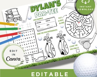 Golf Personalised Kids Placemat | Custom Name Colouring Activity Sheet | Printable Sports Party Favor | Instant Download