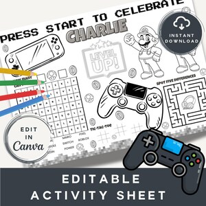 Gaming Personalised Kids Placemat | Video Game Custom Name Colouring Activity Sheet | Printable Cute Party Favor | Instant Download