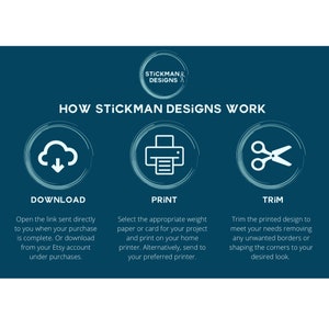 May include: A blue graphic with white text explaining how to download, print, and trim a digital design. The graphic includes icons of a cloud with a downward arrow, a printer, and a pair of scissors.