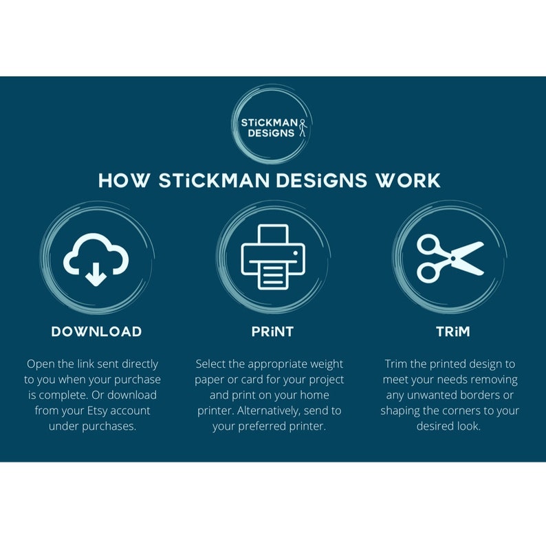 May include: A blue graphic with white text explaining how to download, print, and trim a digital design. The graphic includes icons of a cloud with a downward arrow, a printer, and a pair of scissors.
