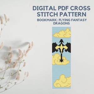 May include: A digital PDF cross stitch pattern for a bookmark featuring a black dragon flying through yellow clouds against a light blue background. The title "Bookmark: Flying Fantasy Dragons" is at the top of the pattern.