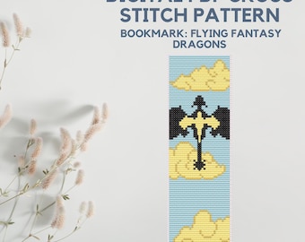 Cross Stitch Bookmark Pattern, Flying Fantasy Dragons, Book-themed Craft Project