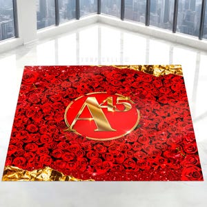 May include: A rectangular rug featuring a vibrant red rose pattern with a gold-colored border. The rug has a central design with the letter "A" and the number "45" in gold, set within a red circle. The text "FAST AND FREE SHIPPING" is at the bottom.