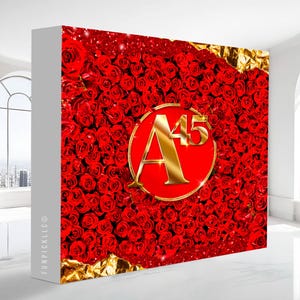 May include: A red backdrop covered in roses, with a gold-colored circle featuring the letter "A" and the number "45". The backdrop has gold accents and the text "WE'LL ADD YOUR PHOTO, TEXT & COLORS!"