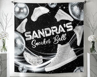 Polyester Fabric Sneaker Backdrop: Black Silver Gala Sign, (We print and ship) - SNB01
