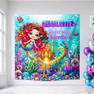 Little mermaid tapestry, Under the Sea wall decor, Rainbow mermaid fabric banner, Treasure hunt banner, Sea banner, Ocean Banner LMM04