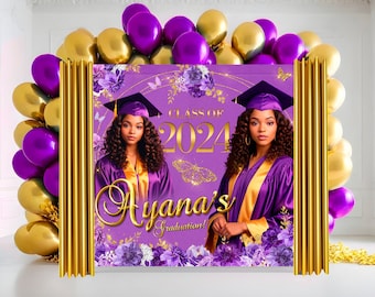 Purple and Gold Graduation Backdrop: Class of 2024 Vinyl Banner