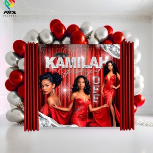 May include: A red and silver backdrop with the text "Kamilah Prom Send Off" and three women in red dresses. The backdrop is decorated with red curtains, silver balloons, and fireworks.
