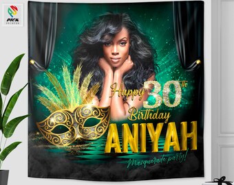 Personalized Masquerade Birthday Backdrop: Venetian Mask Party Banner