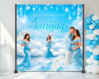 Vinyl Blue Cloud Backdrop: Heaven Sent Baby Boy Shower banner, (We print and ship) - PRI12