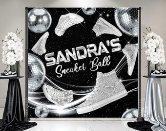 Vinyl Sneaker Ball Backdrop: Silver Disco Party Sign, (We print and ship) - SNB01