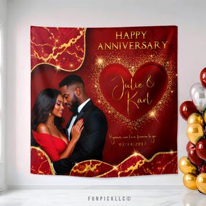 May include: Red and gold anniversary backdrop with a heart shape and the text "Happy Anniversary Julie & Karl 8 years, one love forever to go 02/14/2017".