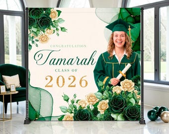 Vinyl Green Gold Floral Backdrop: Class of 2026 Graduation Sign, (We print and ship) - GRD46