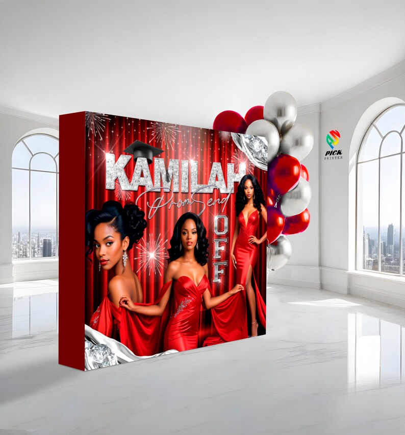 May include: A red and silver backdrop with the text "Kamilah Prom Send Off" and three women in red dresses. The backdrop is decorated with silver glitter and fireworks.