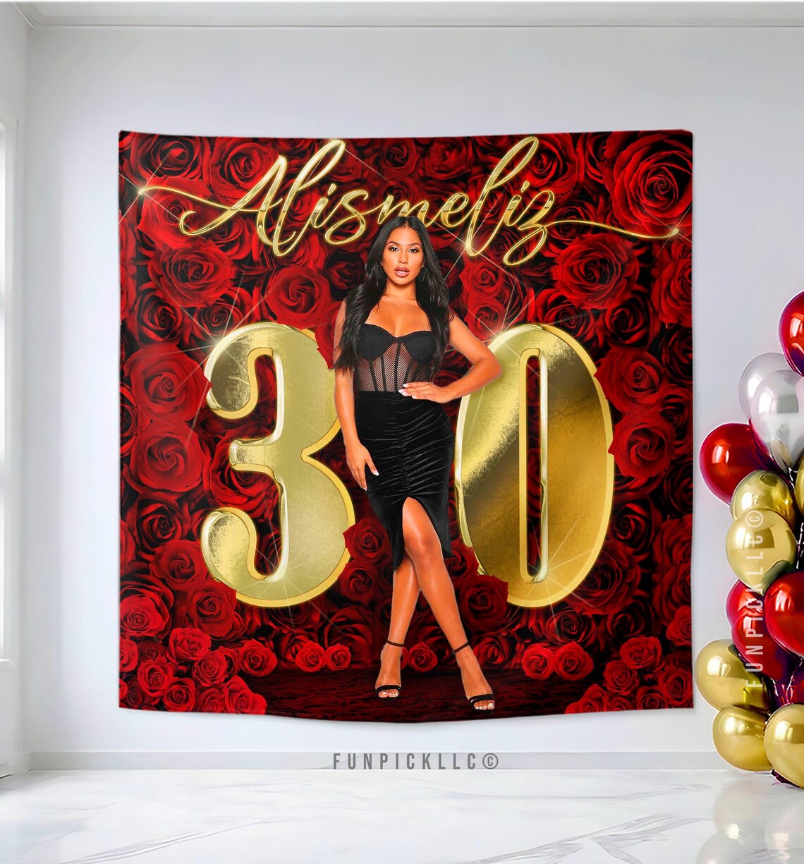 Red Roses Polyester Banner: Gold Accent Birthday Photo Backdrop - Etsy